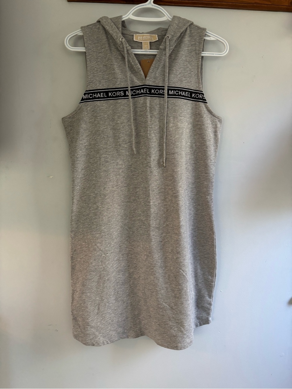 Michael Kors Sleeveless Hooded Midi Dress in Heather Gray with Black Logo Band